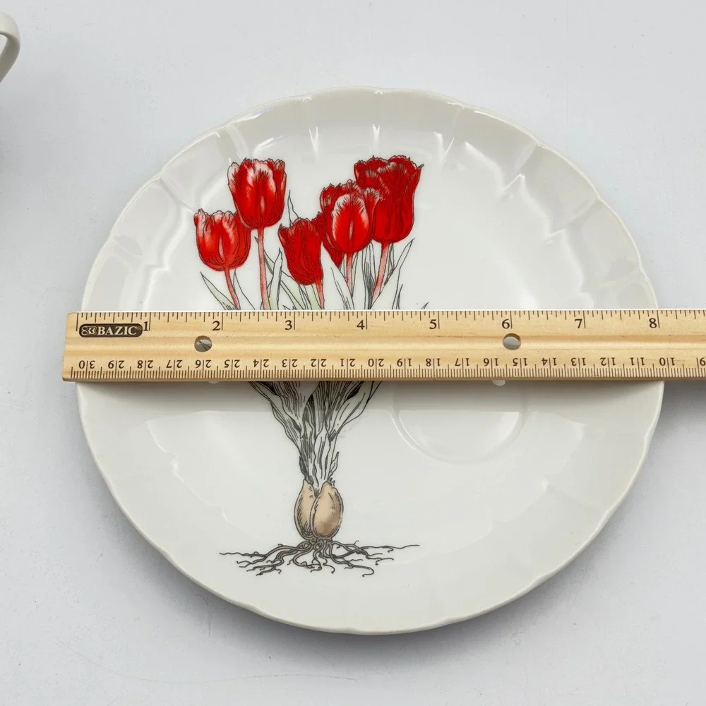Mann Fine China Red Tulip Botanical Snack Set Cup and Scalloped Plate Vintage